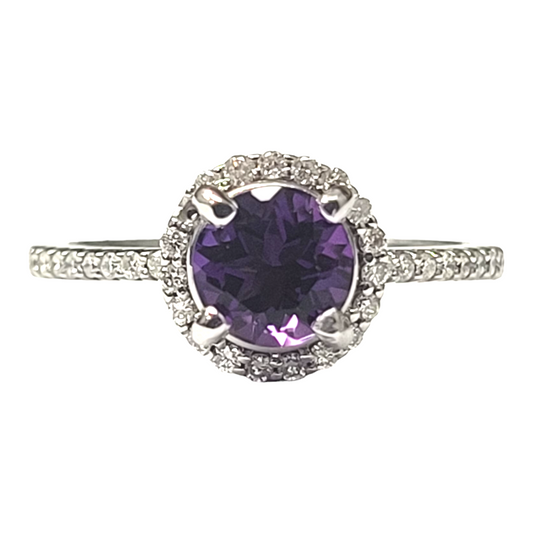 White Gold Round Amethyst Diamond Halo Ring
