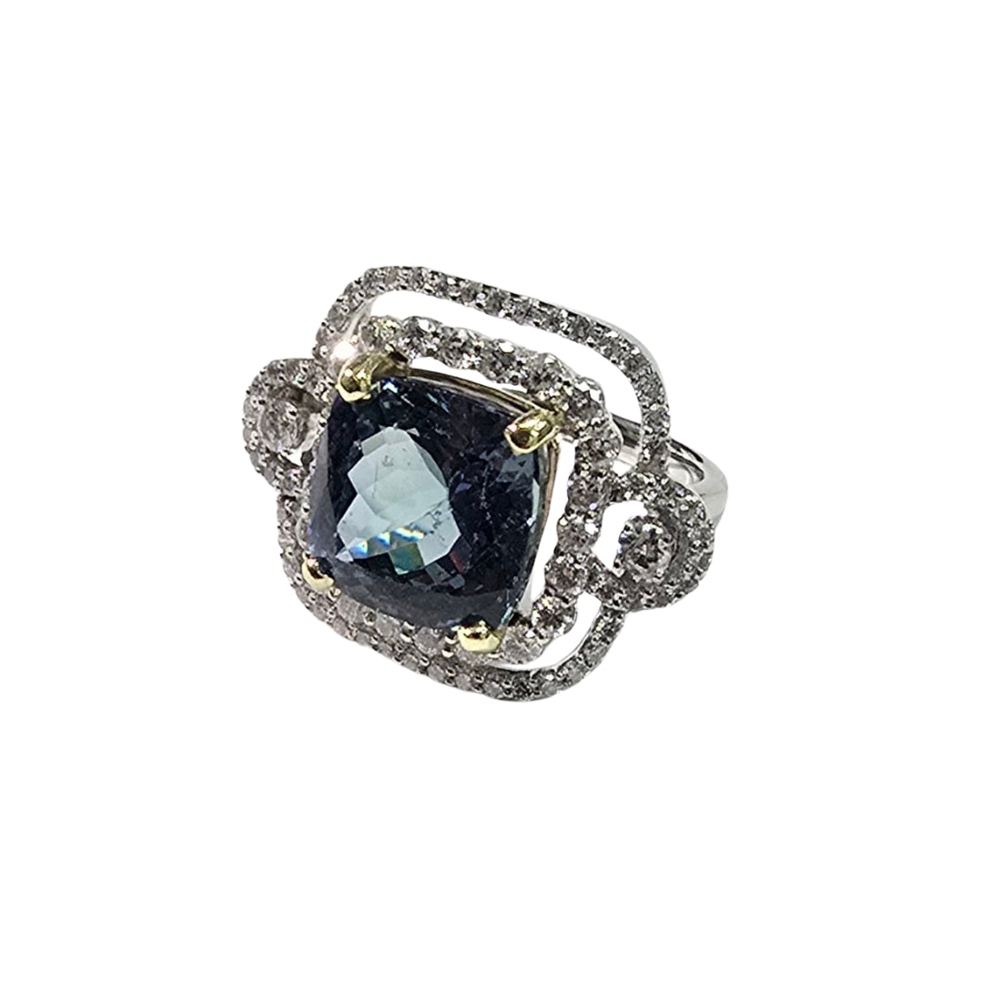 Two Tone Gold Cushion Blue Tanzanite Ring