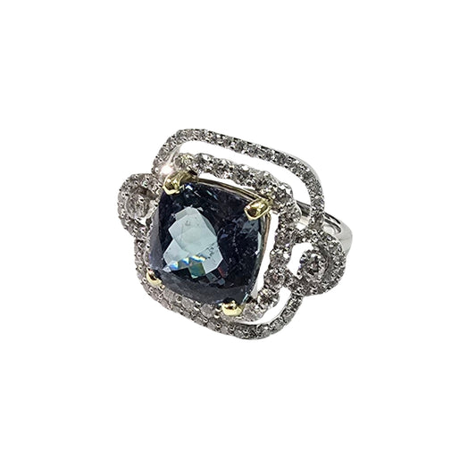 Two Tone Gold Cushion Blue Tanzanite Ring