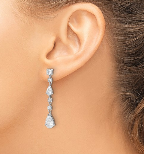 Rhodium-Plated Silver Cz Teardrop Dangle Earrings