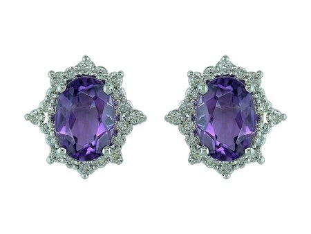 White Gold Oval Amethyst and Diamond Earrings