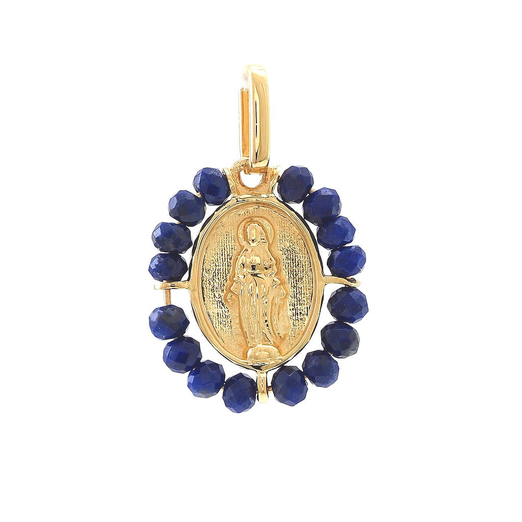 Yellow Gold Lapis Bead Religious Medallion Pendant