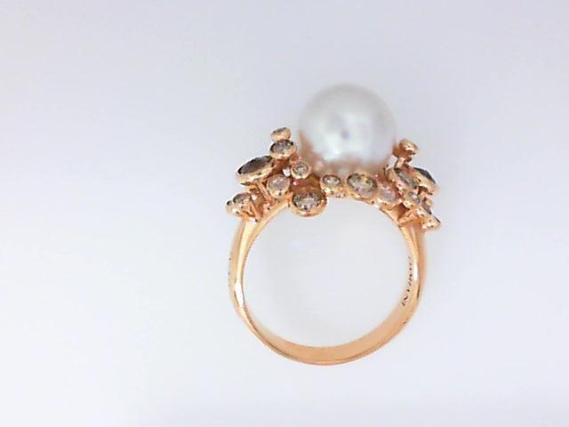 Vintage Lds Damiani Excellent Quality Pearl, Round Diamond, and Smoky Quartz Ring