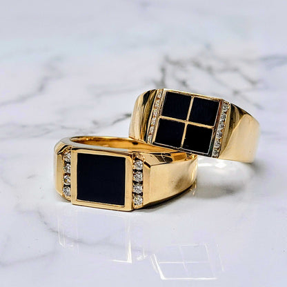 Yellow Gold Square Black Agate and Diamond Ring