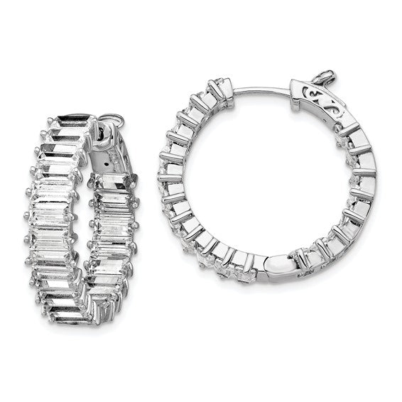 White Sterling Silver Baguette Cz Hoop Earrings