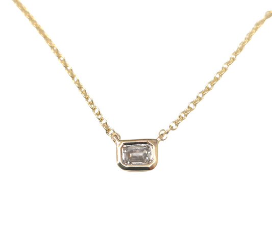 Yellow Gold Emerald Diamond Solitaire Necklace