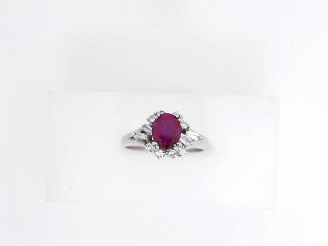 White Gold Baguette Diamond and Ruby Ring