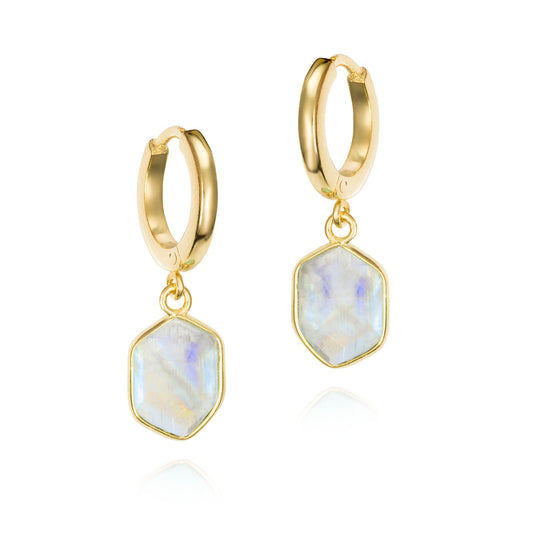 Yellow Silver Geometric Rainbow Moonstone Earrings