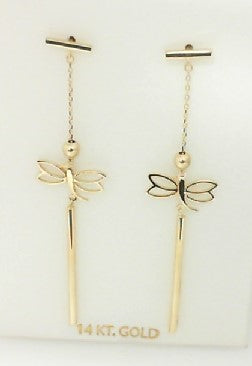 Yellow Gold Dangling Dragonfly Earrings