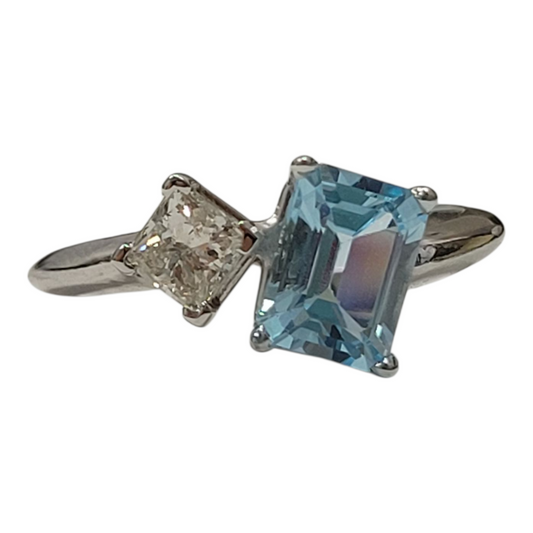Emerald Blue Topaz and Princess Diamond Two Stone Ring