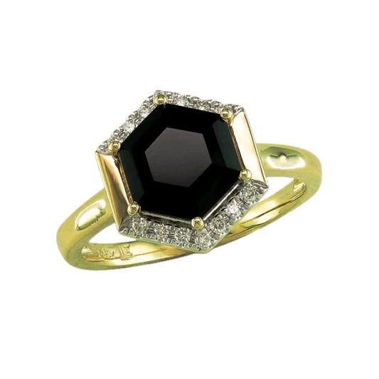 Yellow Gold Hexagon Black Agate Ring