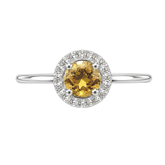 White Gold Citrine and Diamond Birthstone Halo Ring