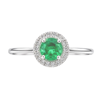 White Gold Emerald and Diamond Birthstone Halo RIng