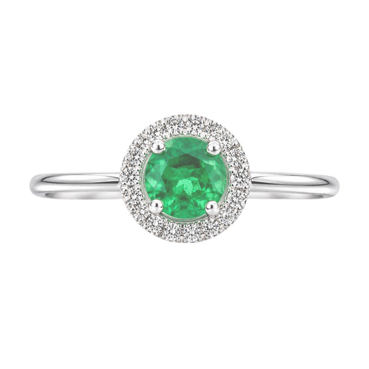 White Gold Emerald and Diamond Birthstone Halo RIng