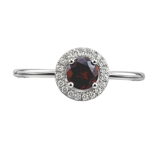 White Gold Garnet and Diamond Birthstone Halo Ring