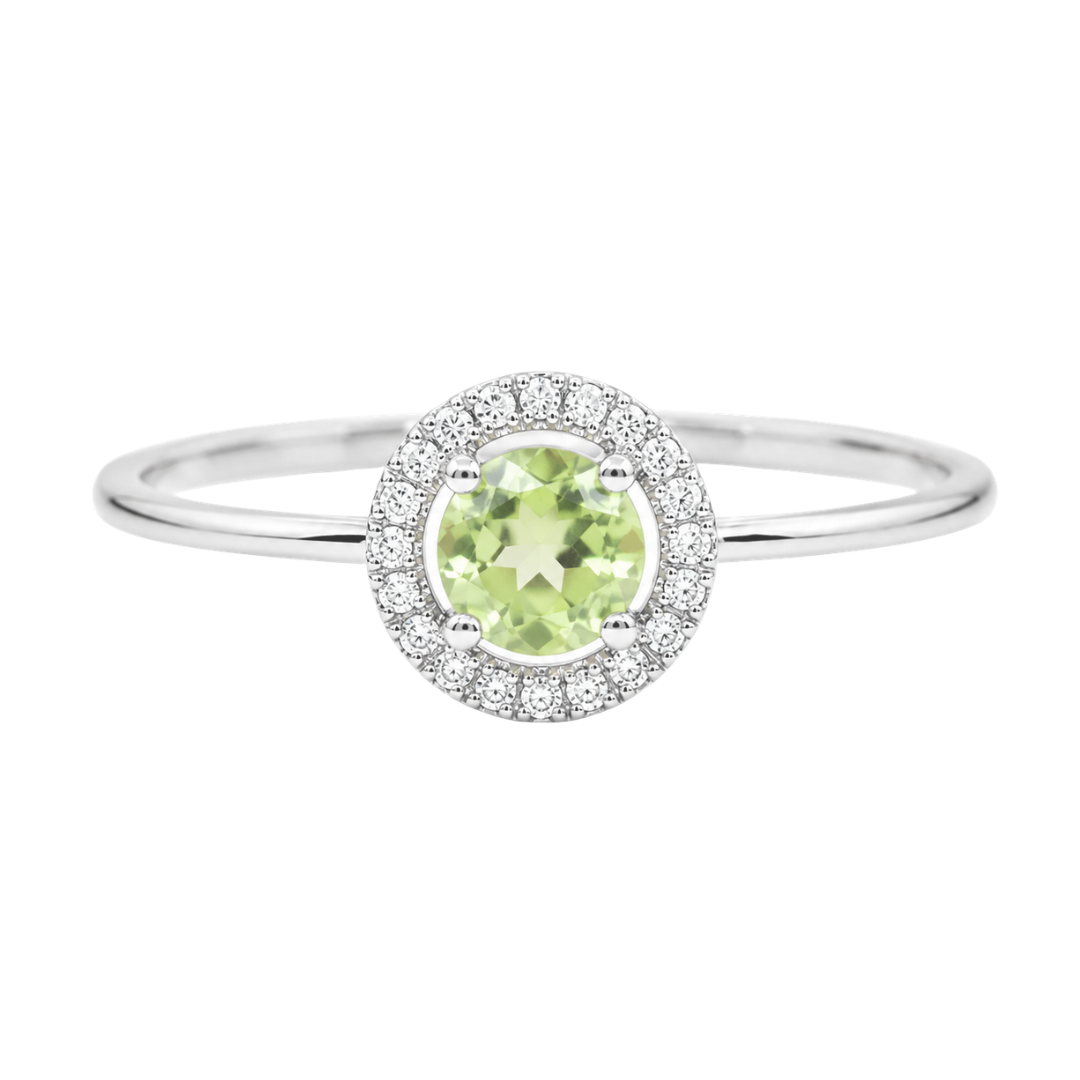 White Gold Peridot and Diamond Birthstone Halo Ring
