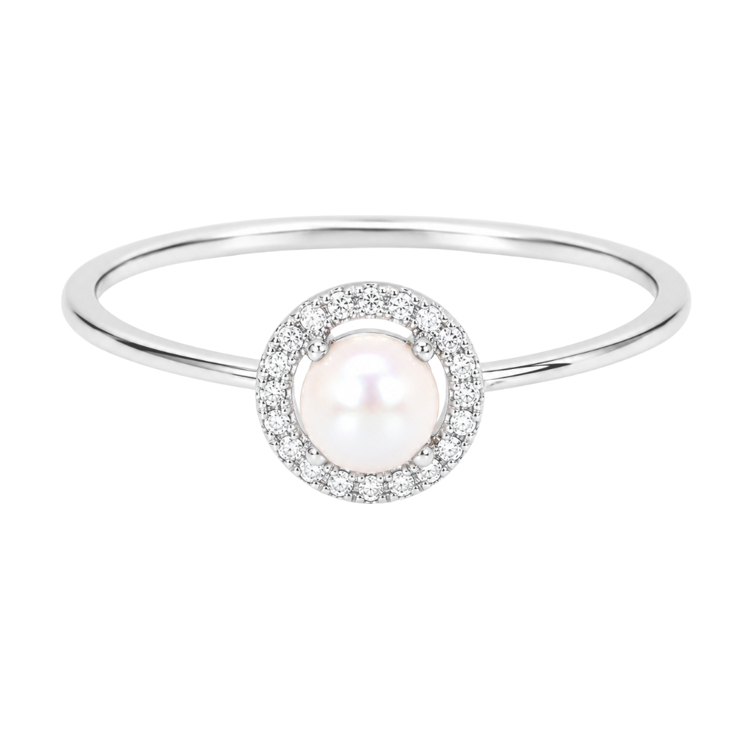 White Gold Pearl and Diamond Birthstone Halo Ring