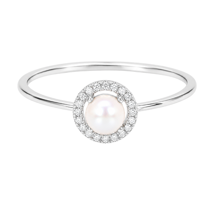 White Gold Pearl and Diamond Birthstone Halo Ring