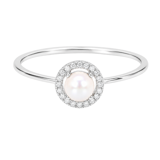 White Gold Pearl and Diamond Birthstone Halo Ring