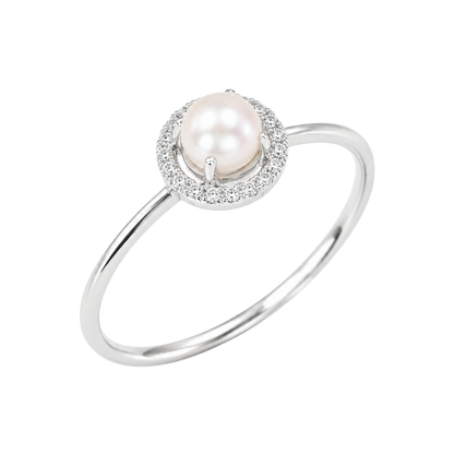 White Gold Pearl and Diamond Birthstone Halo Ring