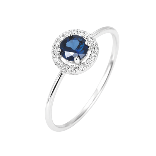 White Gold Sapphire and Diamond Birthstone Halo Ring