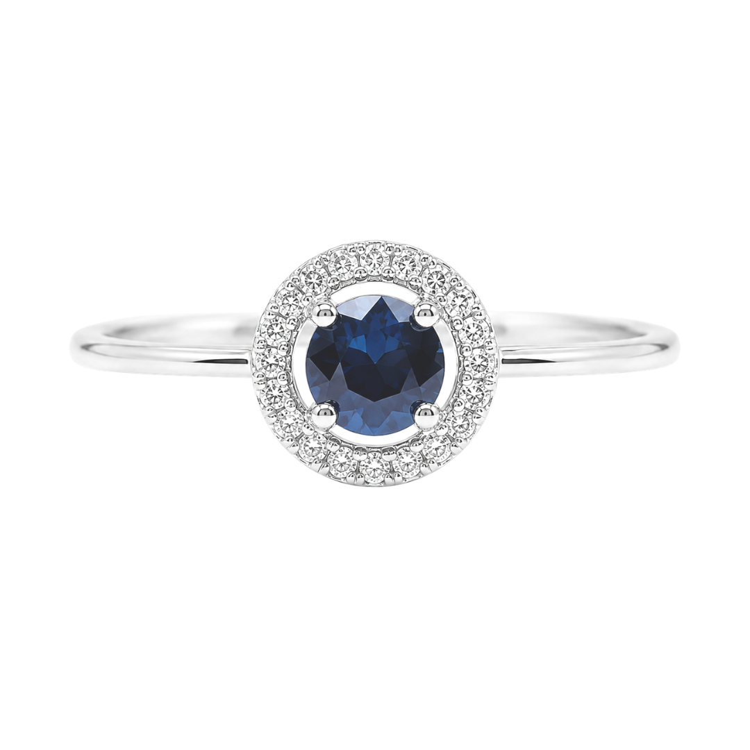 White Gold Sapphire and Diamond Birthstone Halo Ring