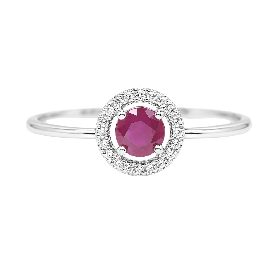 White Gold Ruby and Diamond Birthstone Halo Ring