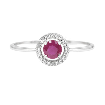 White Gold Ruby and Diamond Birthstone Halo Ring
