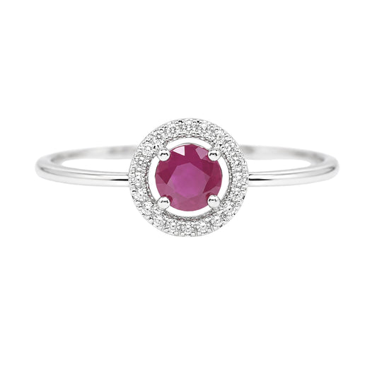White Gold Ruby and Diamond Birthstone Halo Ring