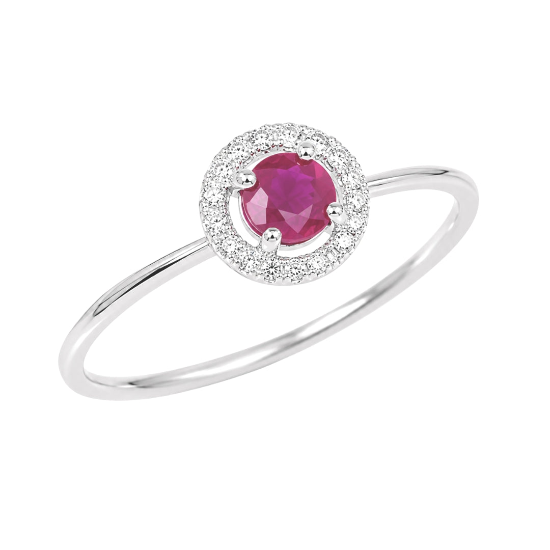 White Gold Ruby and Diamond Birthstone Halo Ring
