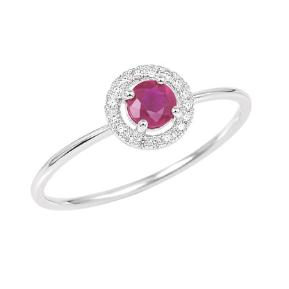 White Gold Ruby and Diamond Birthstone Halo Ring