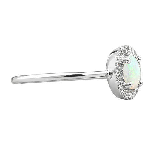 White Gold Opal and Diamond Birthstone Halo Ring