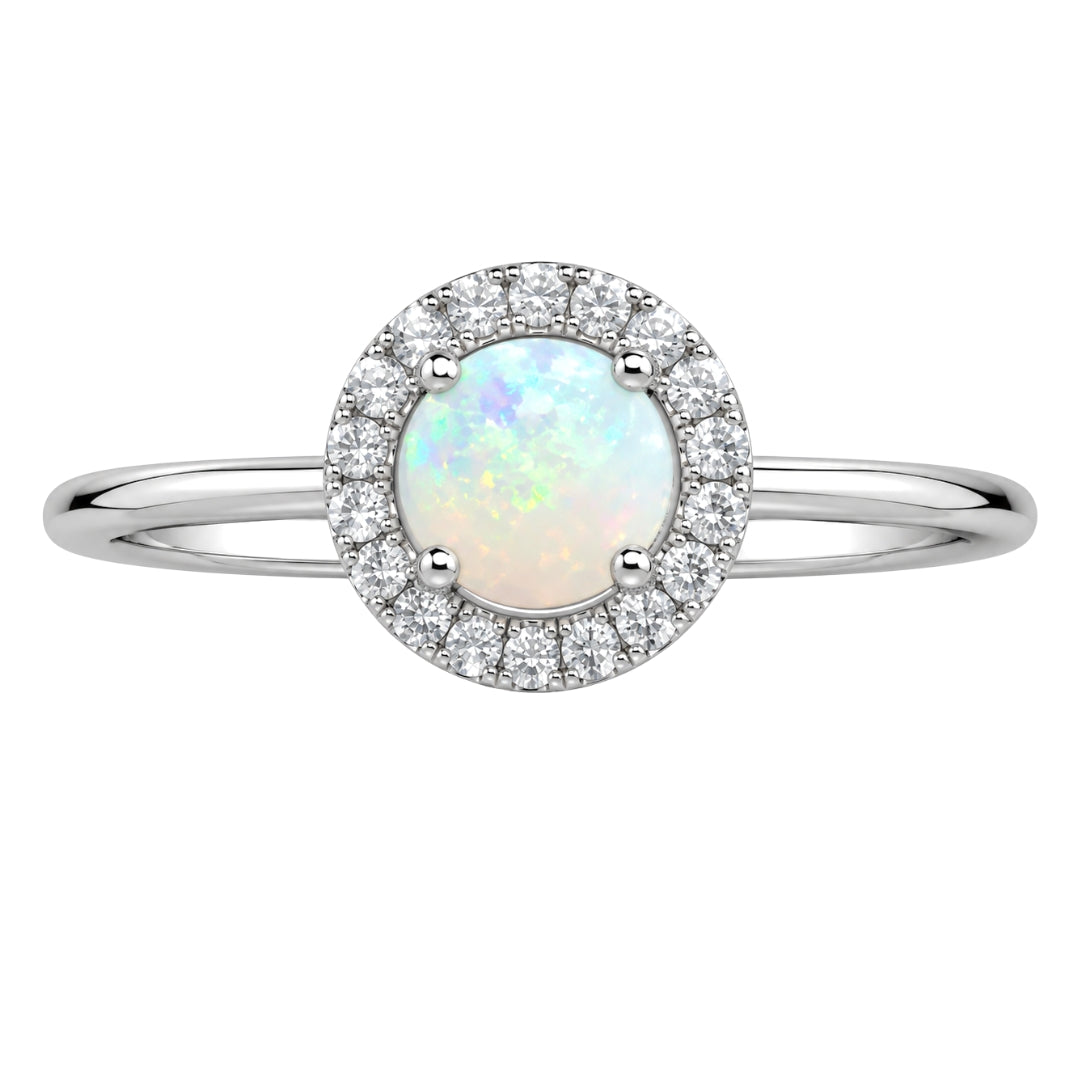 White Gold Opal and Diamond Birthstone Halo Ring