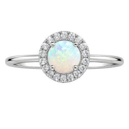 White Gold Opal and Diamond Birthstone Halo Ring