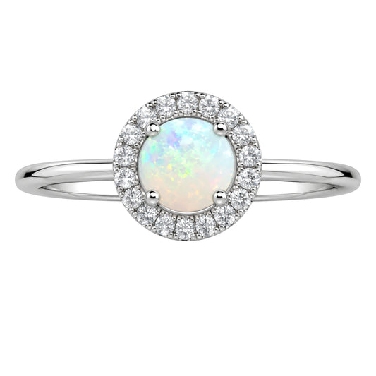 White Gold Opal and Diamond Birthstone Halo Ring
