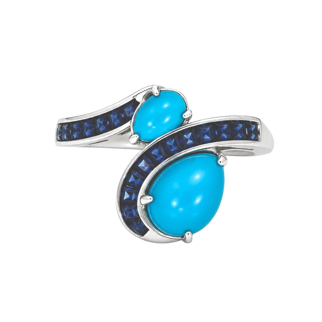 White Gold Turquoise and Sapphire Bypass Ring