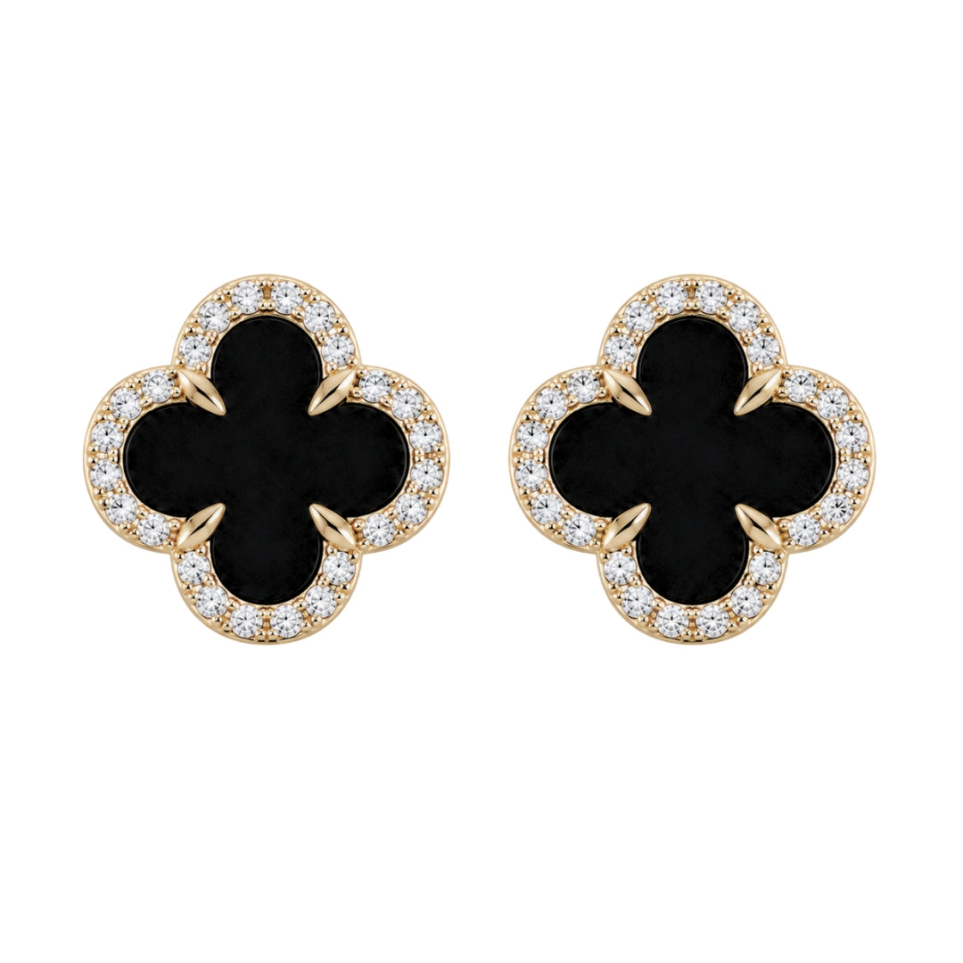 Yellow Gold Fantasy Cut Onyx Clover Earrings