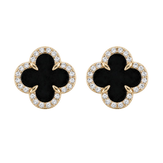 Yellow Gold Fantasy Cut Onyx Clover Earrings