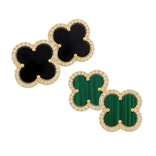 Yellow Gold Onyx and Diamond Clover Earrings