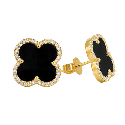 Yellow Gold Onyx and Diamond Clover Earrings