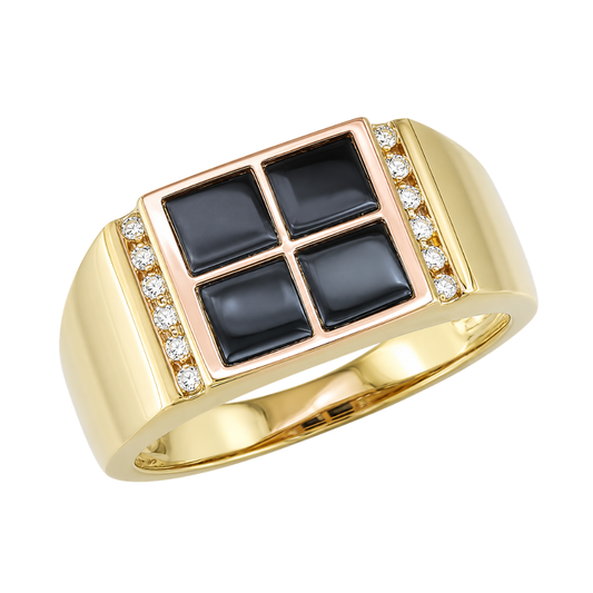 Yellow Gold Square Black Agate and Diamond Ring