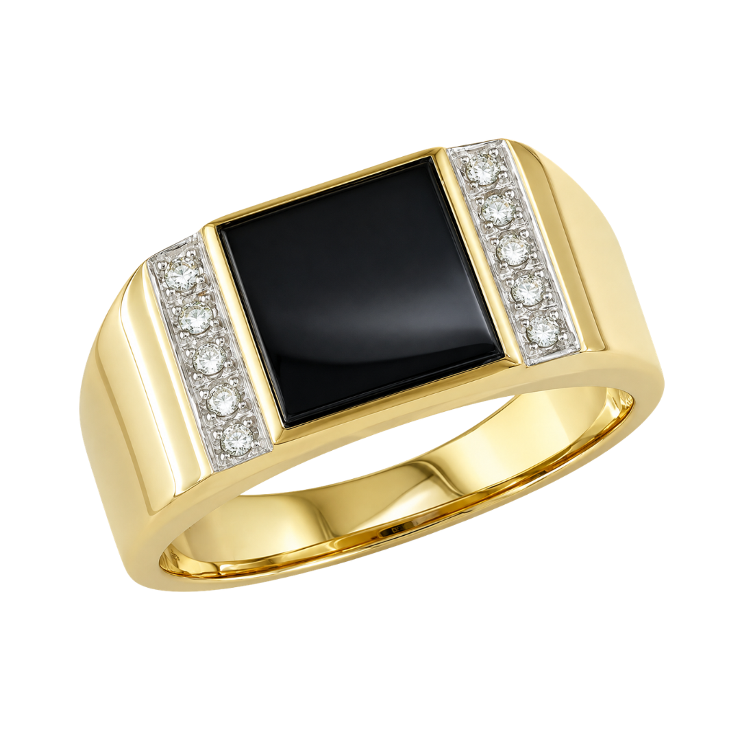 Yellow Gold Black Agate and Diamond Ring