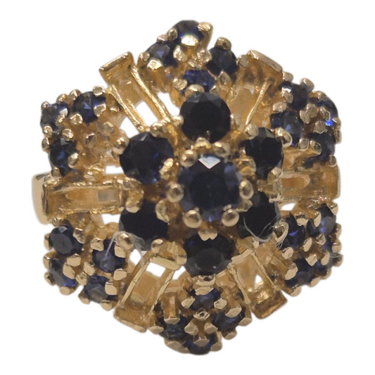 Yellow Gold Synthetic Blue Stone Floral Cluster Ring