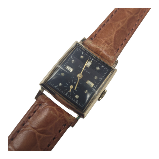 Black Dial Lucerne Watch with Acrylic Crystal and Tan Leather Strap