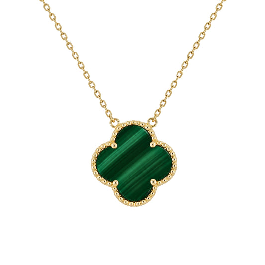 Yellow Gold Fantasy Cut Malachite Clover Necklace