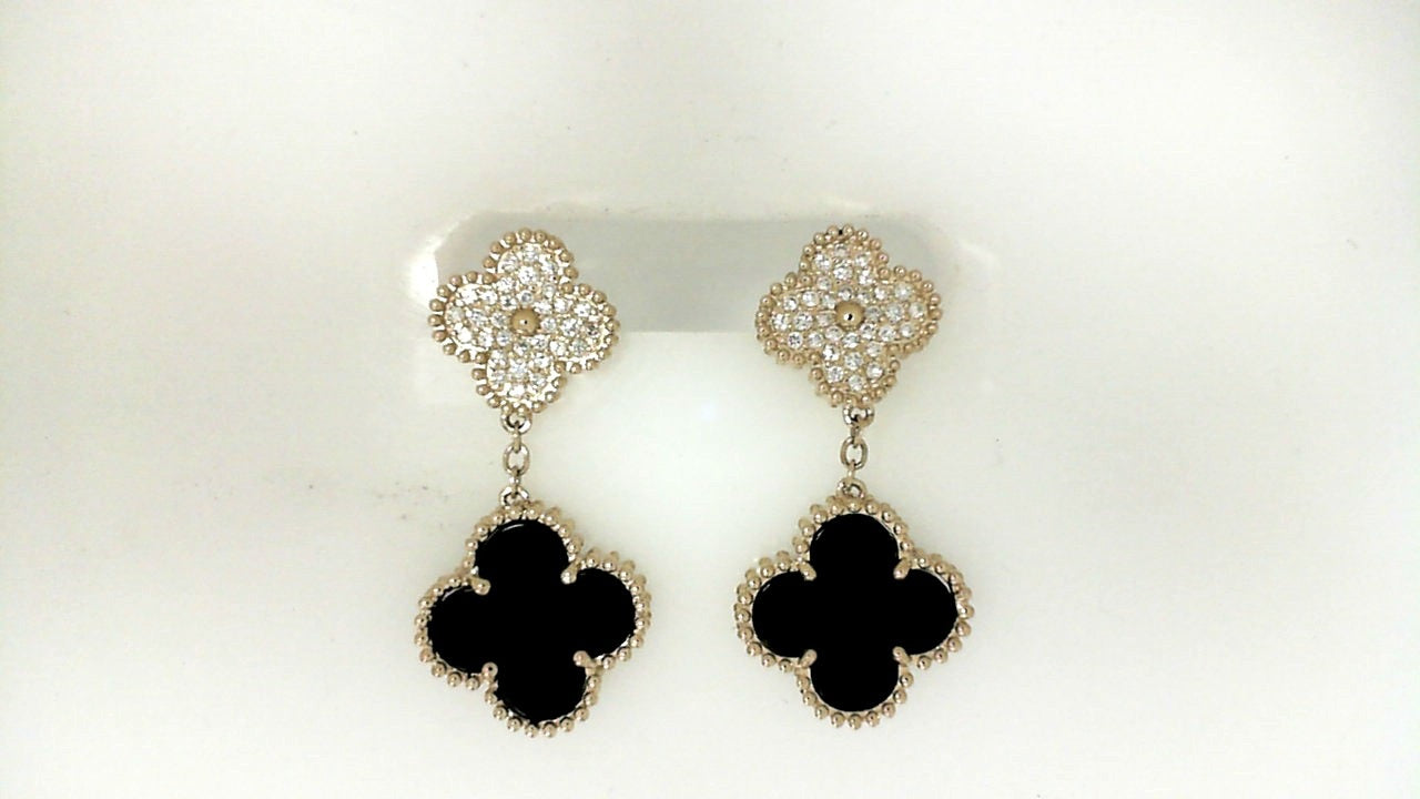 Yellow Gold Fantasy Cut Onyx Clover Drop Earrings