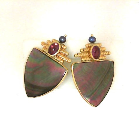 Black Mother of Pearl Sheild Earrings with Oval Garnet