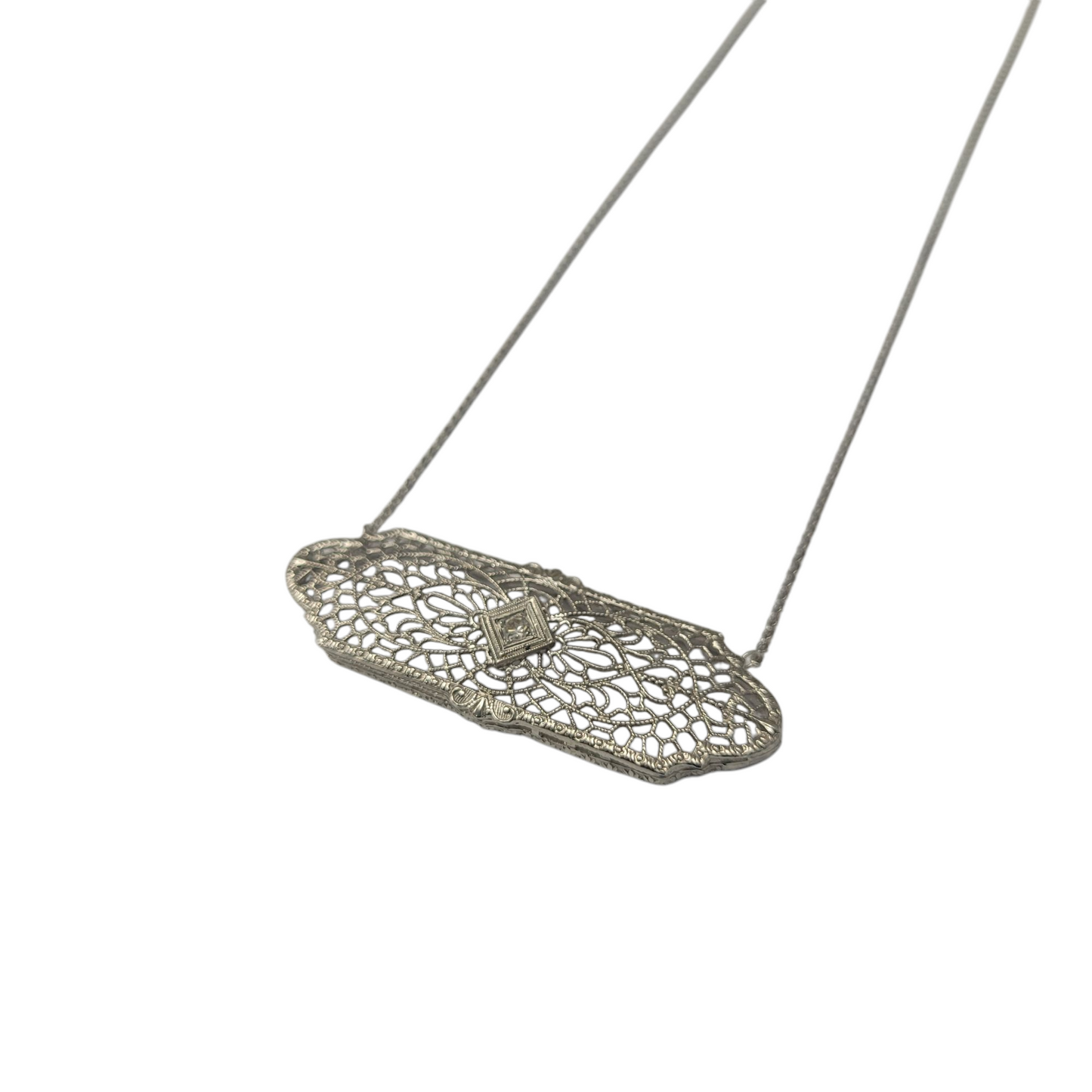 Vintage White Gold Diamond Filigree Pin