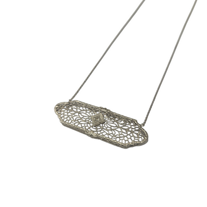 Vintage White Gold Diamond Filigree Pin