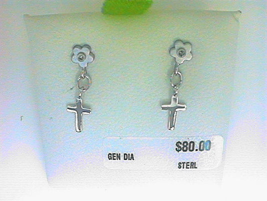 White Sterling Silver Flower Cross Earrings
